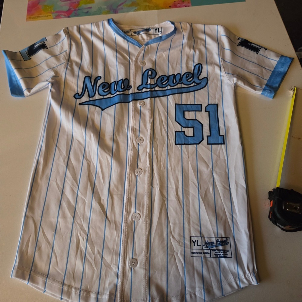 New Level Youth Large Baseball Jersey White Blue Pinstripe Number 51 Shirt